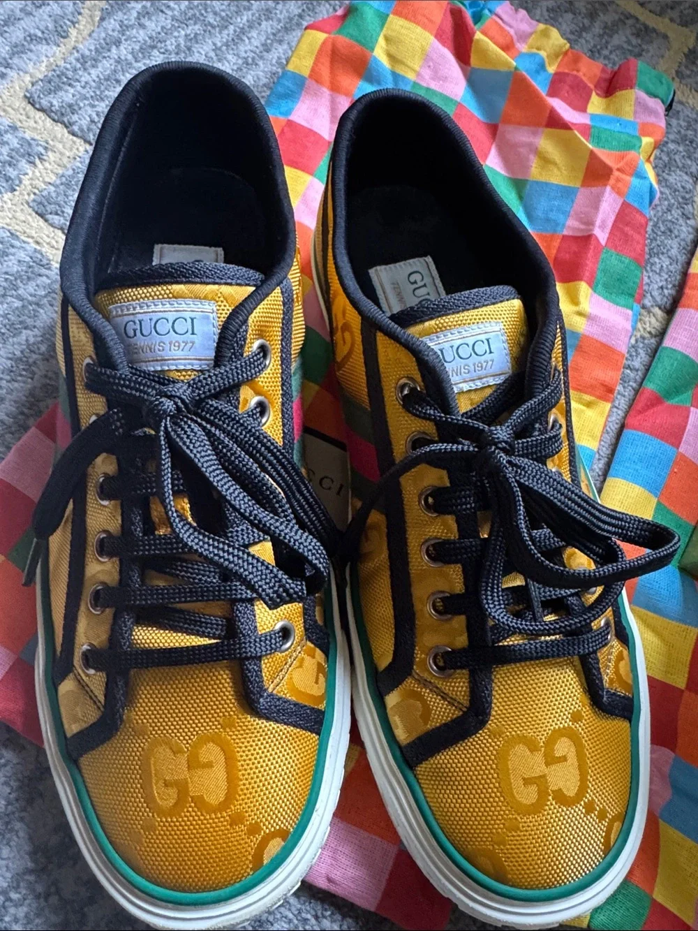 Mens Gucci Yellow Canvas Sneakers with Green and Red Web Stripe and Black Trim